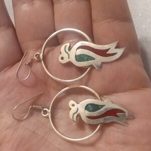 Vintage  Silver Parrot Earrings With Inlaid Stone